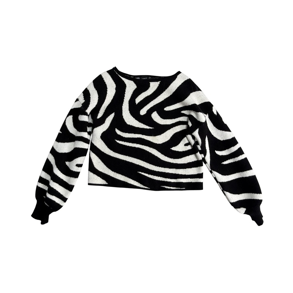 Cyrus Sweater Womens Small Black White Zebra Animal Print Crewneck Pullover